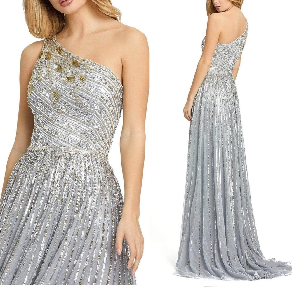 Mac Duggal Embellished One shoulder A-Line Gown and in Platinum Size 4